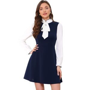 Contrast Color for Vintage Long Sleeve Tie Neck Dress Dark Blue